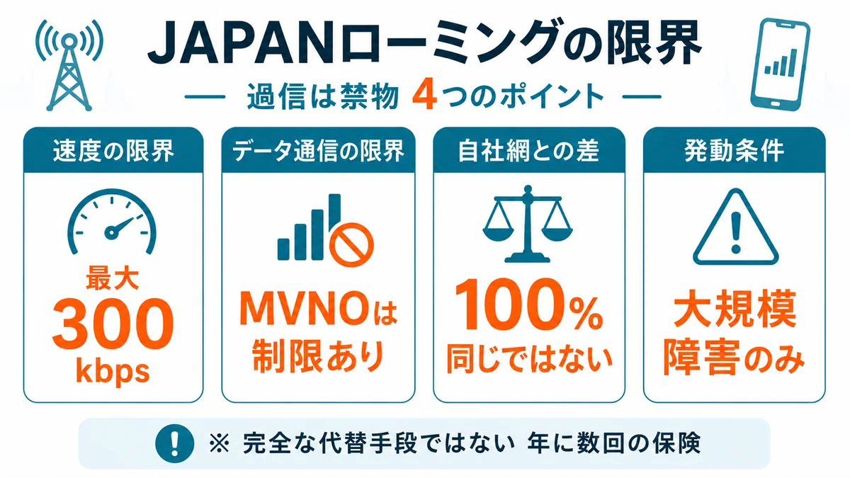 JAPANローミングの限界4つ（最大300kbps・MVNO制限・自社網との差・大規模障害のみ）